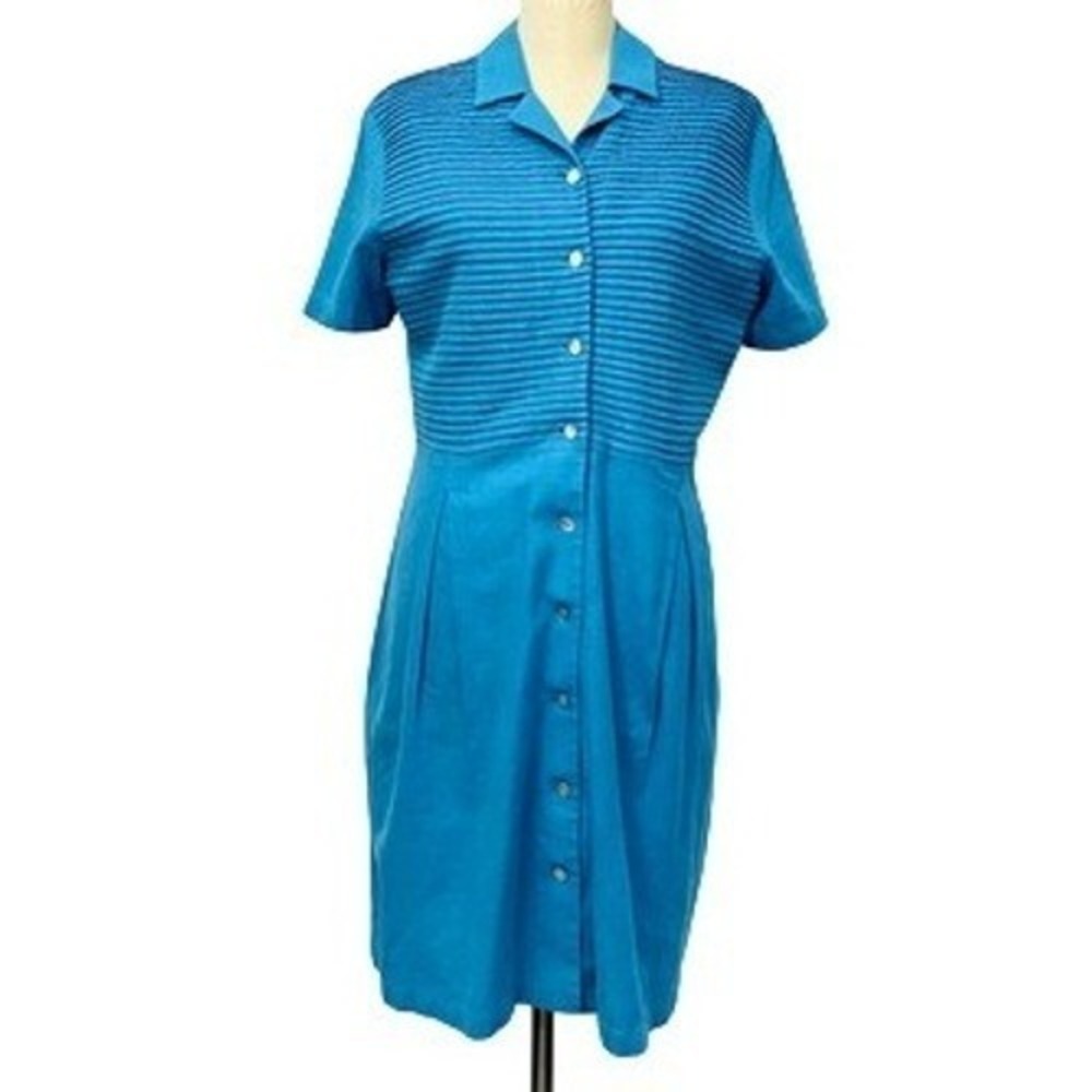 Talbots Dress Womens 12 Blue Linen Rayon Shirt Dress Button Front Midi Career